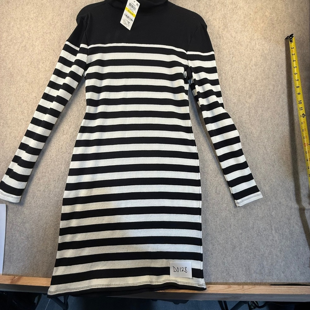 Maison Jules Black White Striped Ribbed Turtleneck Dress Long Sleeve NWT Y2K
